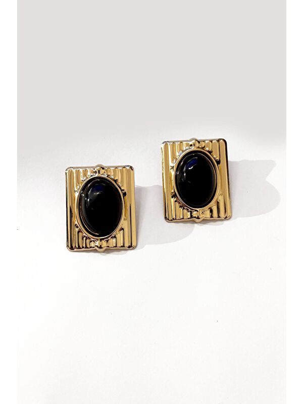 New Obsessions Gold Detaylı Siyah Mineli Büyük Vintage Küpe