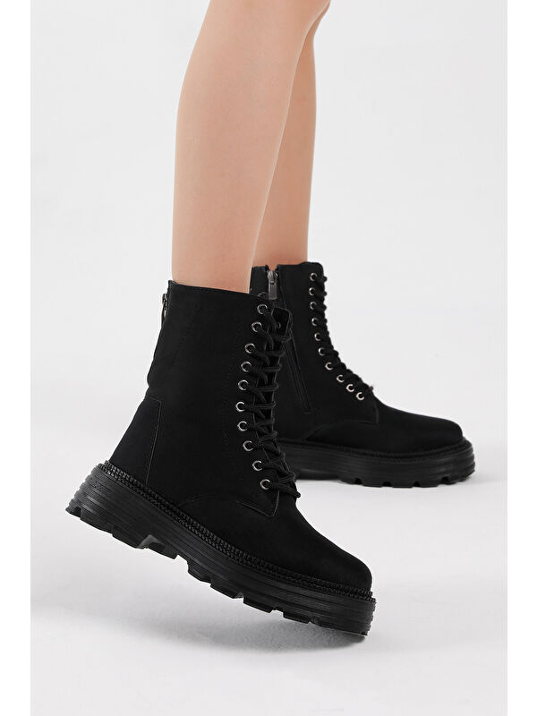 Kadın Siyah Süet Poli Taban Arkası Fermuar Detaylı Bağcıklı ve Fermuarlı Bot - Görsel 2