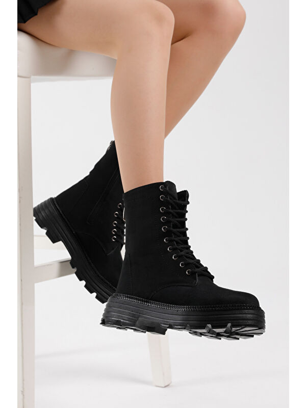 Kadın Siyah Süet Poli Taban Arkası Fermuar Detaylı Bağcıklı ve Fermuarlı Bot - Görsel 5