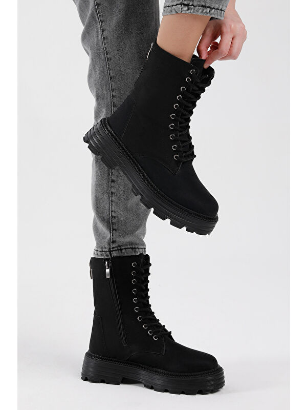 Kadın Siyah Süet Poli Taban Arkası Fermuar Detaylı Bağcıklı ve Fermuarlı Bot - Görsel 6