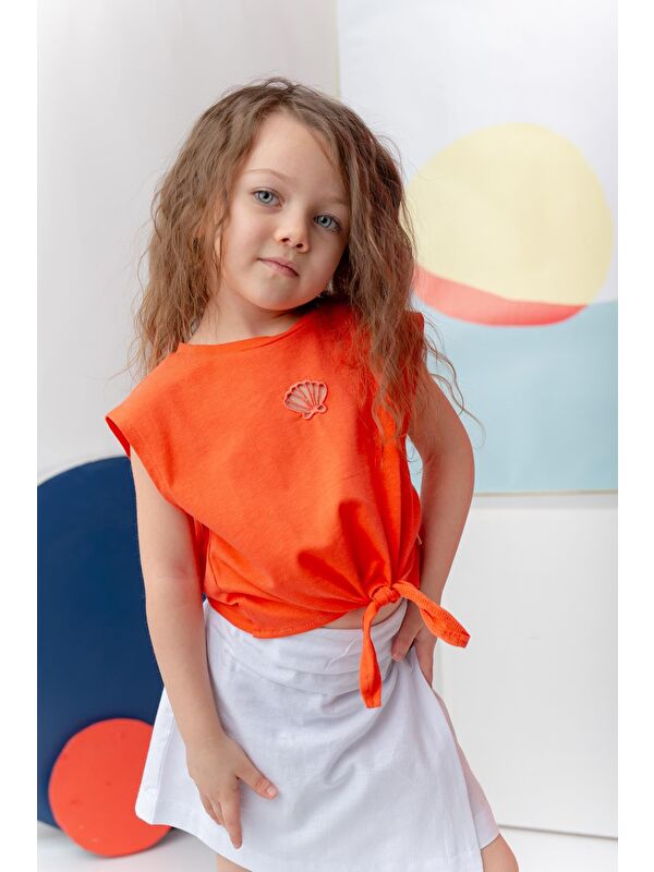 ZEYLAND Kız Çocuk Nakış Detaylı Crop T-Shirt - Coral