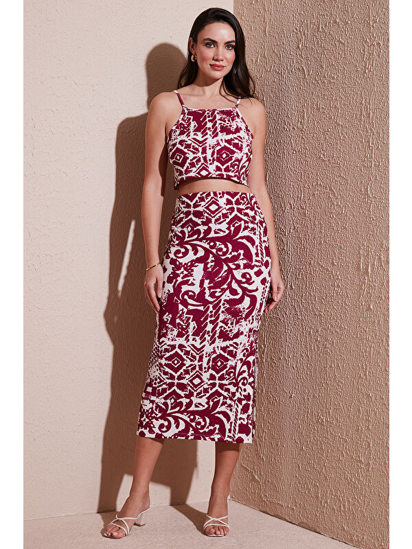 Lela Slim Fit İp Askılı Yırtmaçlı Midi Alt-Üst Kadın Takım 5865726