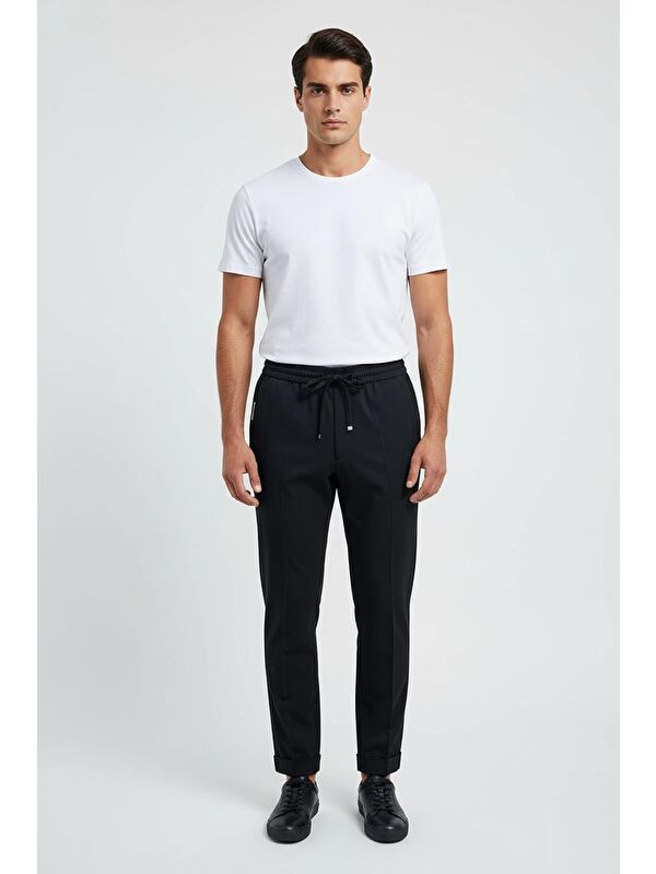 Sabri Özel Giotelli Siyah Slim Fit %100 Yün Balıksırtı Desenli Erkek Jogger Pantolon