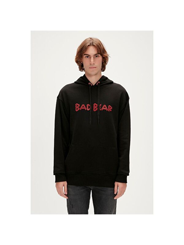 Bad Bear 3D Bad Erkek Siyah Uzun Kol Kapüşonlu Sweatshirt Hoodie