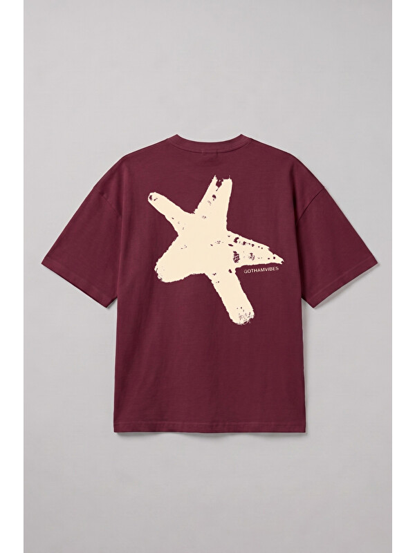 gothamVibes Erkek Boxy Star Bordo Premium T-Shirt