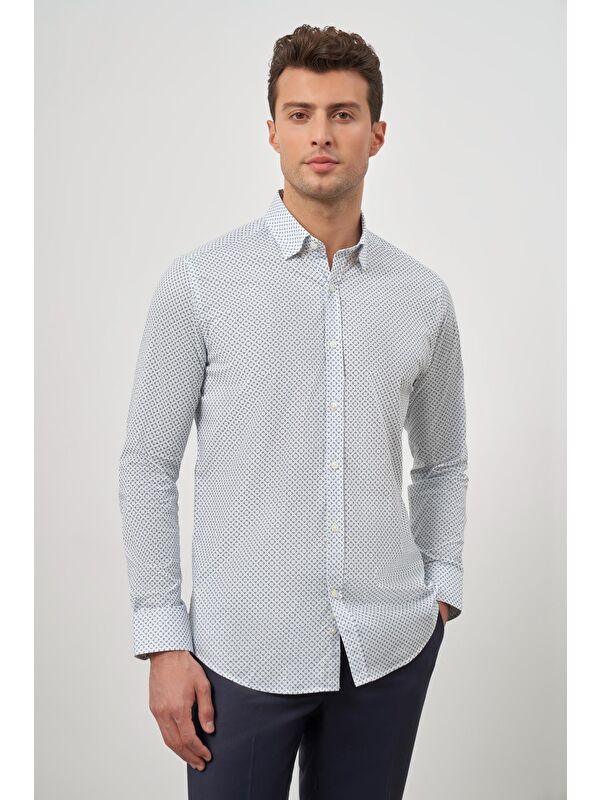 İMZA Beyaz Uzun Kol Perfectto Alttan Biritli Yaka Cepsiz Pamuklu Classic Slim Fit Gömlek 1004240259