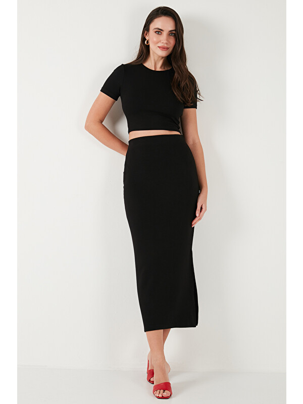 Lela Slim Fit Yırtmaç Detaylı Uzun Etekli Crop Kadın Takım 5866148