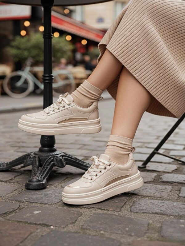 Garantili Elinda Bej Günlük Ortopedik Kadın Sneaker Spor Ayakkabı - Görsel 5