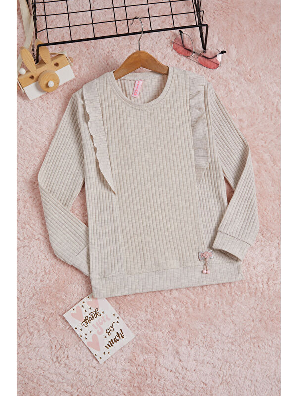 Pembe Life Kids Club Krem Önü Fırfırlı Fitilli Uzun Kollu Sweatshirt