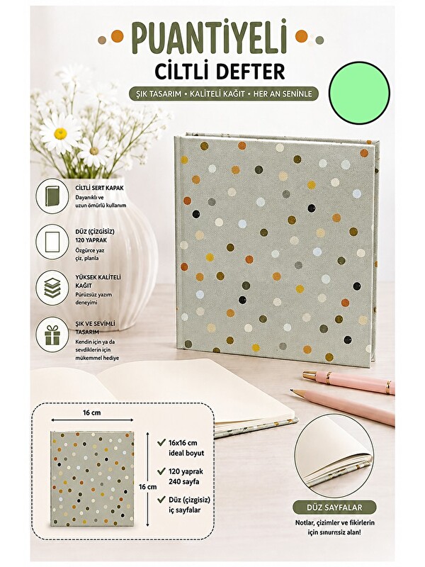 Artlantis Puantiyeli Kare Not Defteri 16x16cm 1 Adet Lizz Sert Kapak 120 Yaprak Ciltli Çizgisiz Özel Anı Günlü