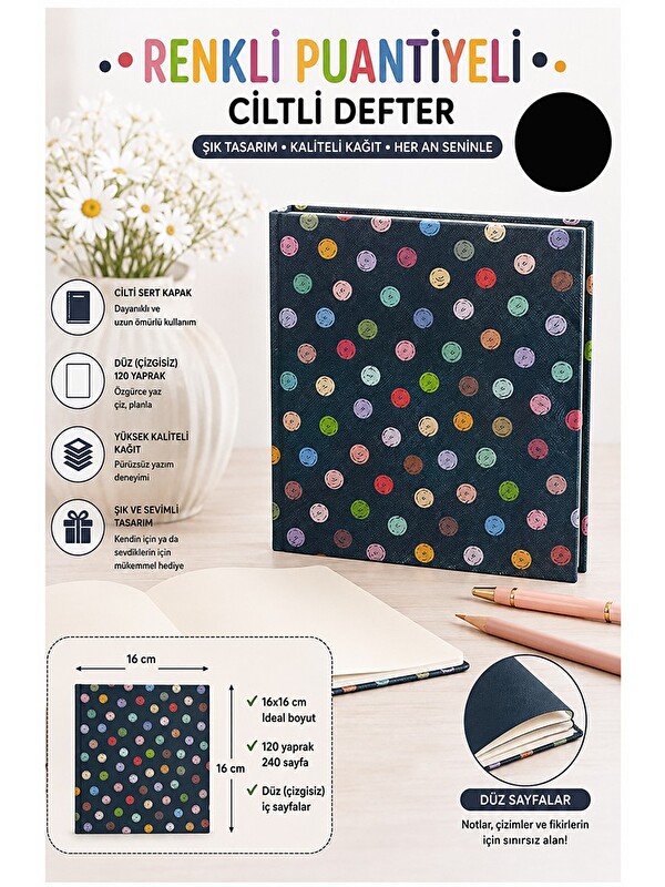 Artlantis Puantiyeli Kare Not Defteri 16x16cm 1 Adet Lizz Sert Kapak 120 Yaprak Ciltli Çizgisiz Özel Anı Günlü