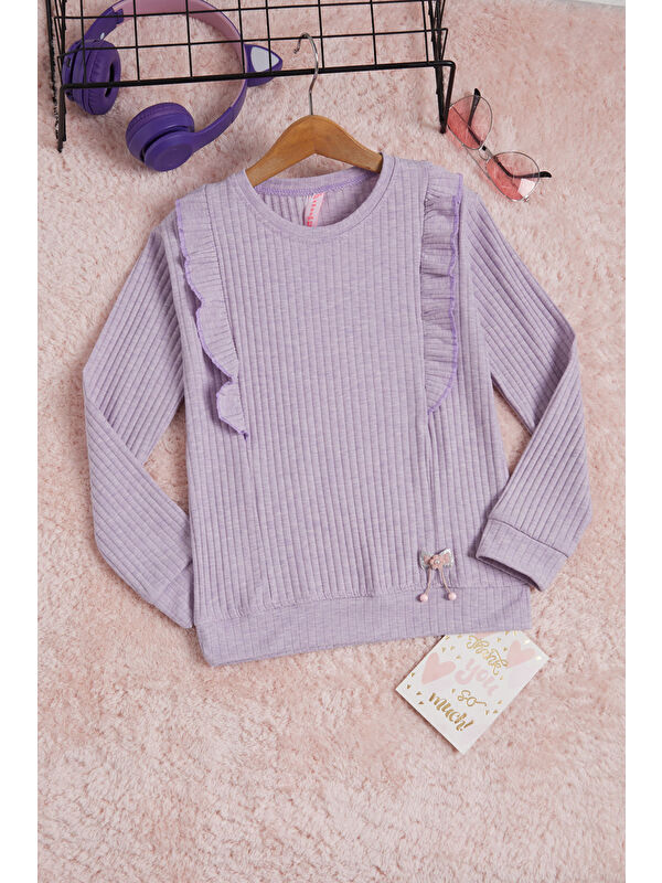 Pembe Life Kids Club Lila Önü Fırfırlı Fitilli Uzun Kollu Sweatshirt