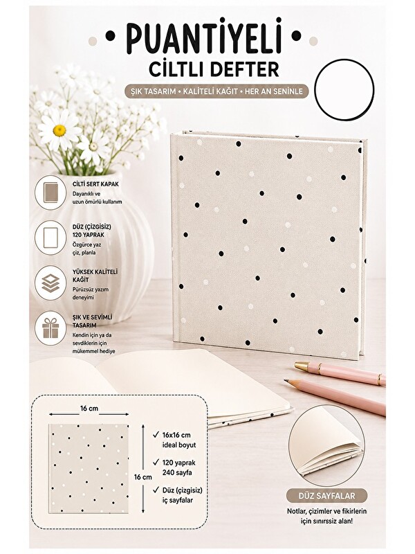 Artlantis Puantiyeli Kare Not Defteri 16x16cm 1 Adet Lizz Sert Kapak 120 Yaprak Ciltli Çizgisiz Özel Anı Günlü