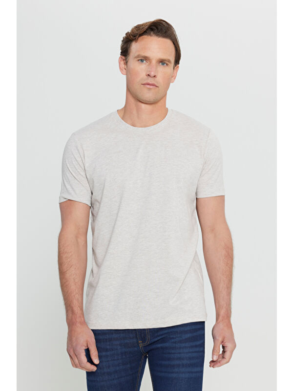 AC&Co / Altınyıldız Classics Erkek Bej Melanj Slim Fit Dar Kesim %100 Pamuk Bisiklet Yaka Kısa Kollu Tişört