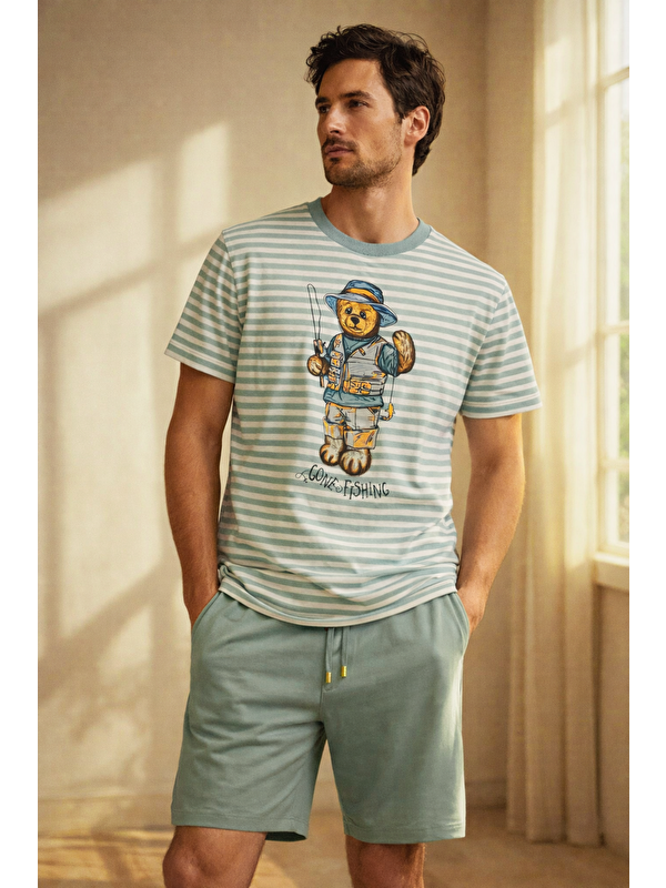 Katia And Bony Erkek Sea La Vie Teddy Desenli Şortlu Pijama Takımı Yeşil