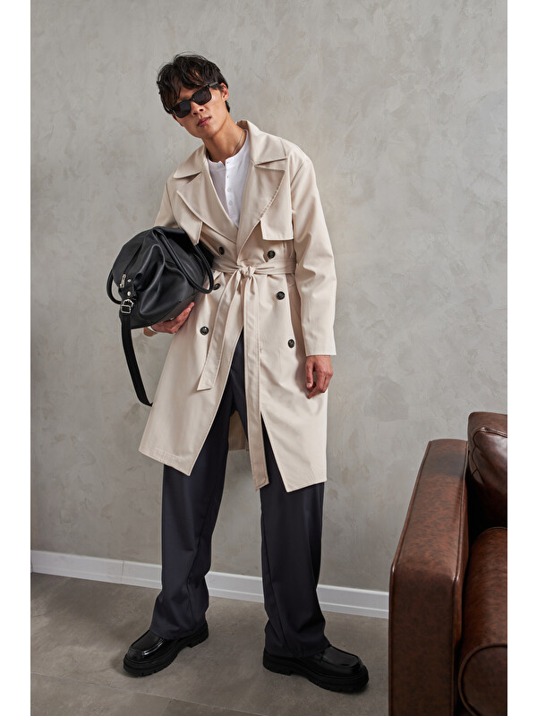 HYMAN Erkek Kruvaze Yaka Oversize Trençkot