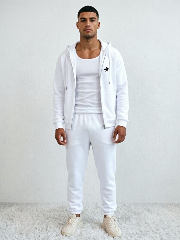 Trendseninle Beyaz Horse Baskılı Hırka+Jogger Oversize Eşofman Takımı