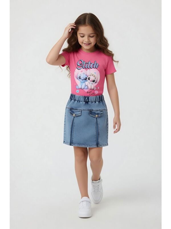 Cansın Mini Pembe Kalpli Karakter Baskılı Badili Jean Etekli Kız Çocuk Takım 24097