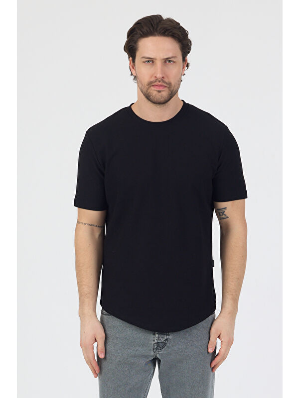 Danger Erkek Pirinç Dokulu Örme Basic Tshirt Siyah