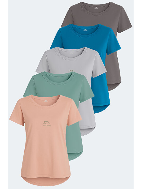 SLAZENGER VIRAJ 5 li Set Kadın Taş Gri - Petrol - Koyu Gri - Somon - Su Yeşili Tişört