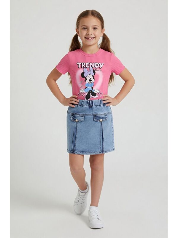 Cansın Mini Pembe Kalpli Fare Desenli Tişörtlü Jean Etekli Kız Çocuk Takım 24101