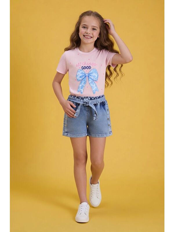 Cansın Mini Pudra Fiyonk Desenli Badili Kuşaklı Jean Şortlu Kız Çocuk Takım 24096