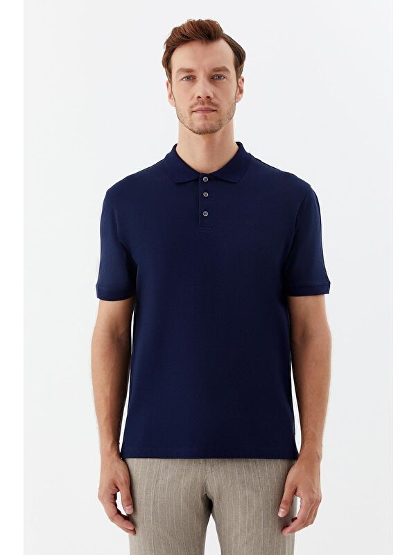 Sabri Özel Lacivert %100 Pamuk Düğmeli Polo Yaka Erkek T-Shirt