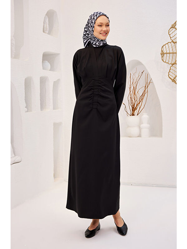 Locco Moda Kadın Önü Drapeli Krep Elbise  Siyah