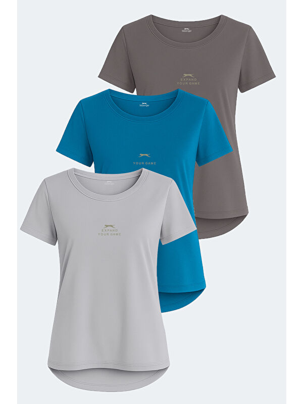 SLAZENGER VIRAJ 3 lü Set Kadın Taş Gri - Petrol - Koyu Gri Tişört