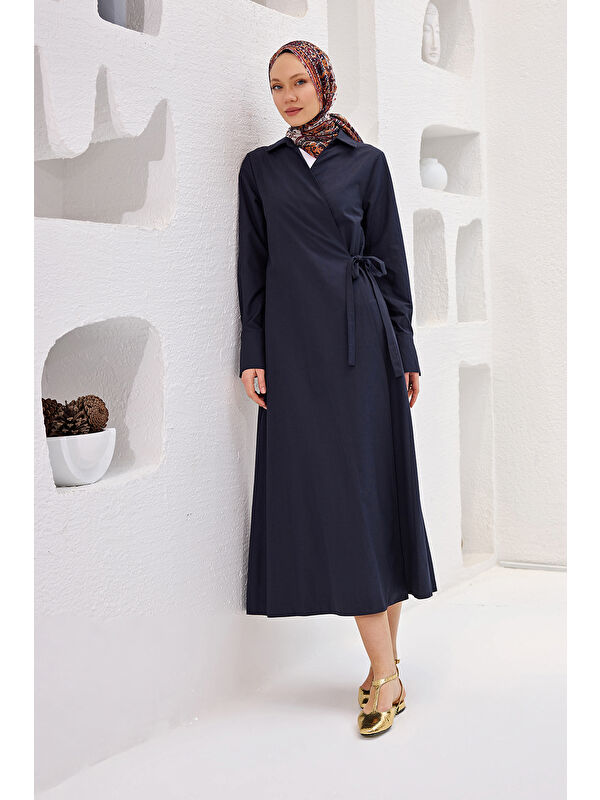 Locco Moda Kadın Poplin Yan Bağlamalı Elbise Lacivert