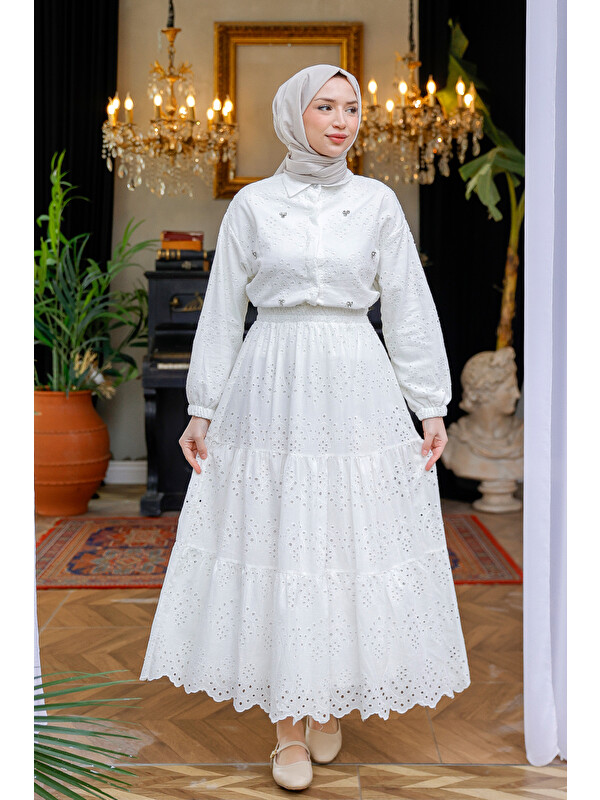Locco Moda Kadın Brode Detaylı Taş İşlemeli İkili Takım  Beyaz