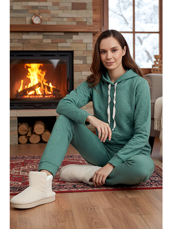 Remsa Kadın Kapüşonlu Uzun Kol Kalın Kumaş Pijama Takımı 240434 Mint01
