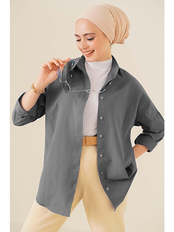 Bigdart 103901 Oversize Basic Tesettür Gömlek - Gri