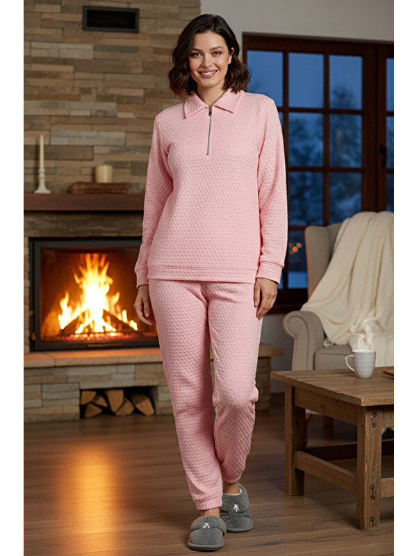 Remsa Kadın Uzun Kol Fermuar Detay Petek Dokuma Pijama Takımı 240441 Pembe02
