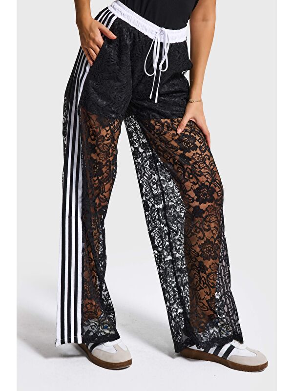 It's Basic Kadın Siyah Straight Fit Dantelli Şerit Detaylı Tasarım Pantolon