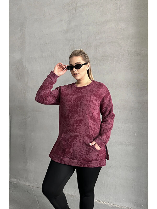 Stil Diva Büyük Beden Uzun Kollu Bisiklet Yaka Önü Cepli Desenli Sweatshirt 106-78