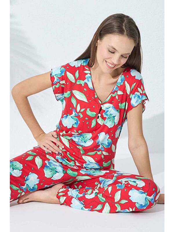 Siyah İnci Düğmeli Viskon Pijama Takım