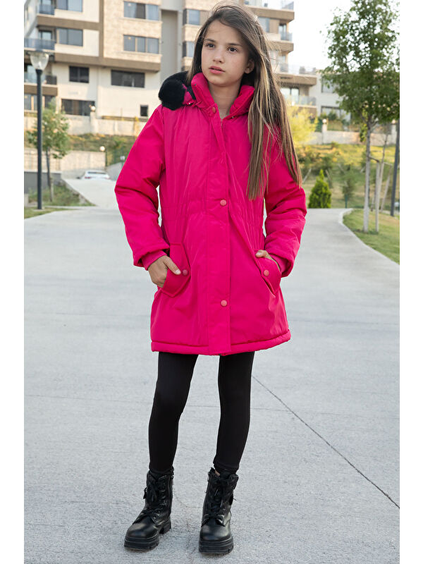 Bilen Kids Pembe Çıtçıtlı Cepli Esnek Bel İçi Kürklü Kız Çocuk Kapüşonlu Mont 21307