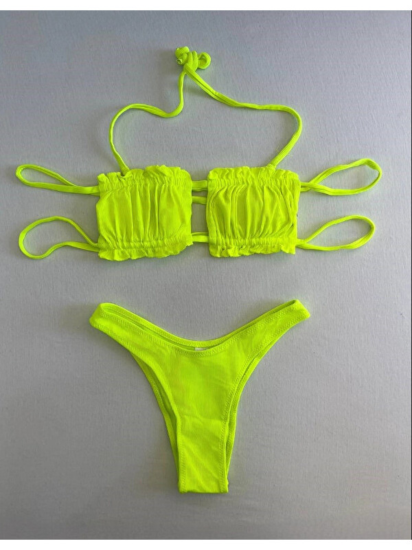 Hazelin Kadın Neon Yeşil İp Bağlamalı Büzgülü Straplez Bikini Takım HZL25S-LC2226