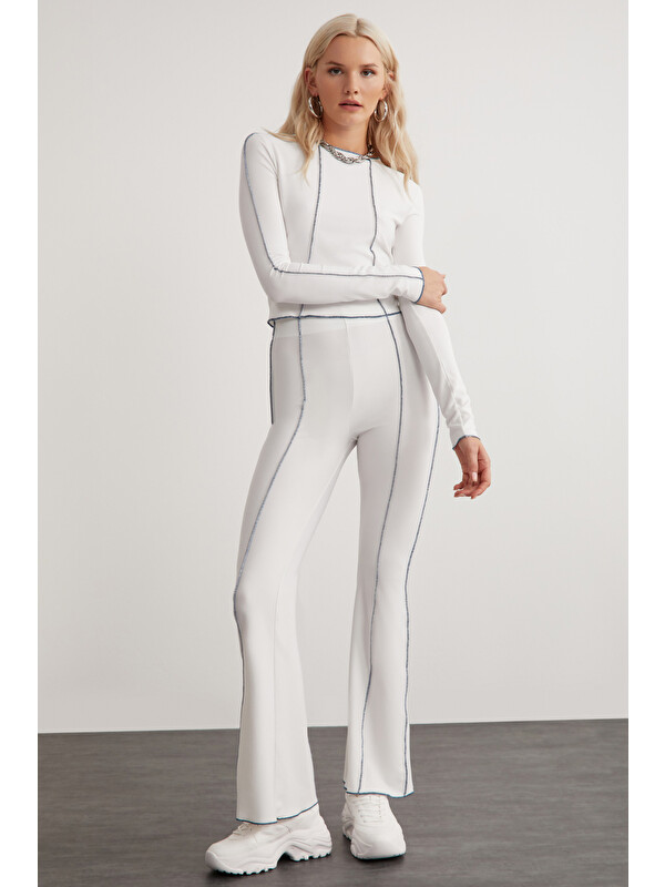 ETHIQUET FATIMA Kadın Dikiş Detaylı Slim Fit Dara Kalıp Geniş Paça 3 İplik Örme BEYAZ Pantolon