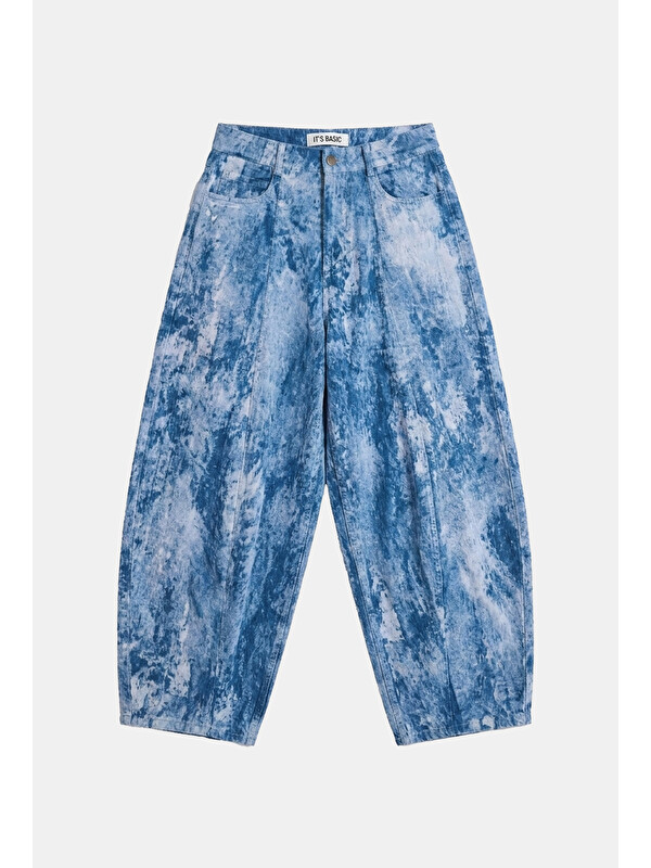 It's Basic Kadın Mavi Baggy Fit Özel Kumaş Tasarım Pantolon