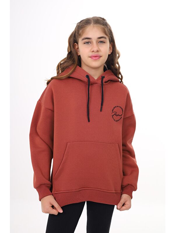 Toontoykids Kız Çocuk Oversize Kapüşonlu Cepli Düşük Omuz Baskılı Yırtmaçlı Sweatshirt - 3 İplik Şardonlu