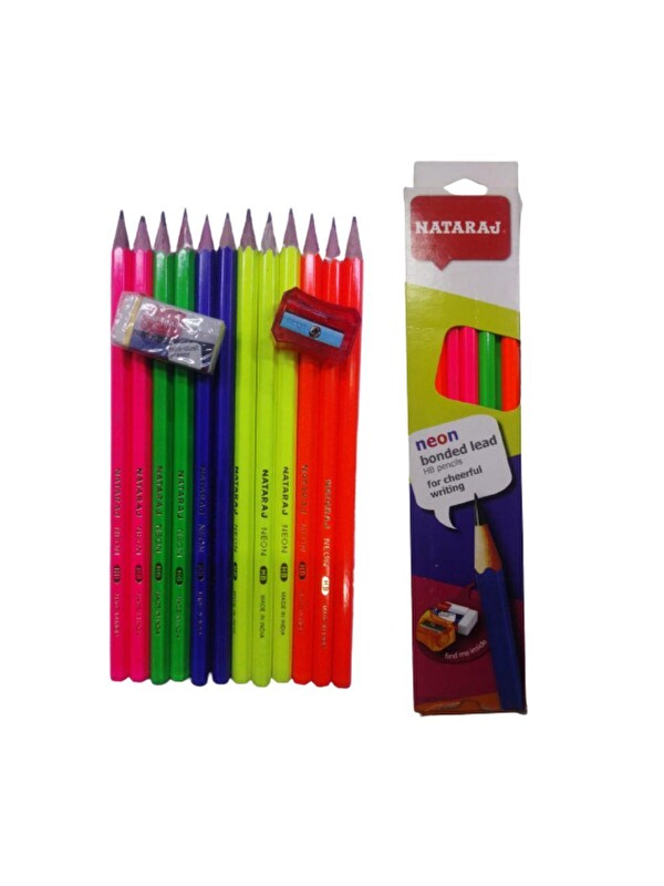Artlantis Kurşun Kalem HB 1 Düzine Kalemtraş Silgi Hediyeli Nataraj Kurşun Kalem Neon Renk 1 Düzine