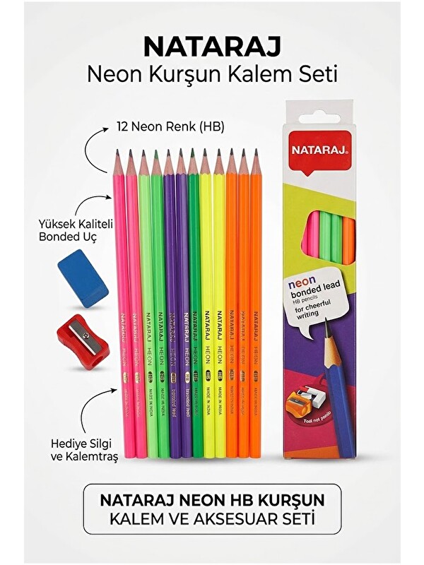 artmaster Kurşun Kalem HB 1 Düzine Kalemtraş Silgi Hediyeli Nataraj Kurşun Kalem Neon Renk 1 Düzine