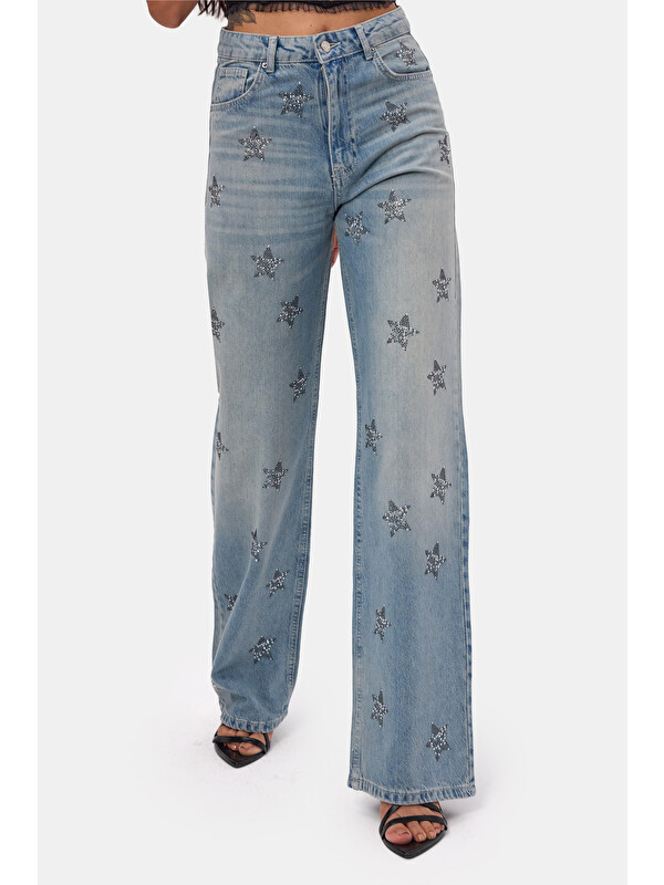 It's Basic Kadın T.Kot Rengi T-4s6-32 Straight Fit Parlak Taşlı Özel Tasarım Denim Jean
