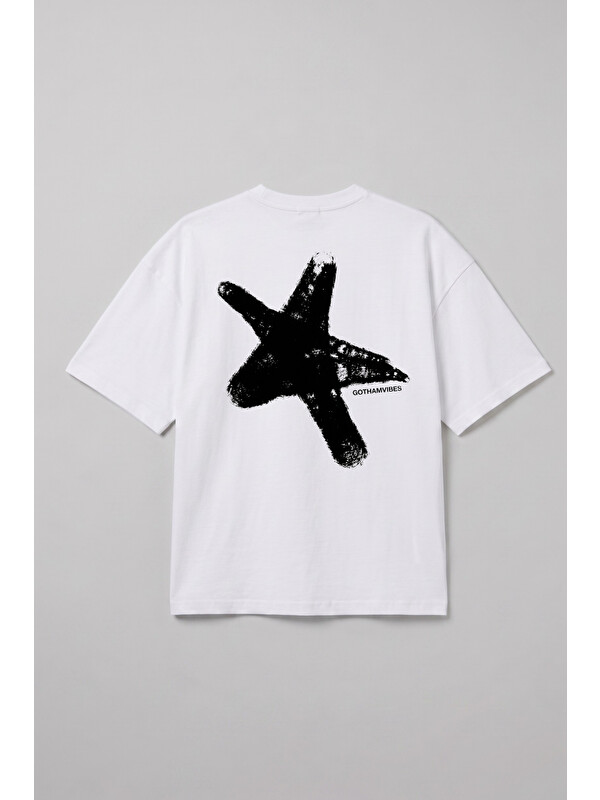 gothamVibes Erkek Boxy Star Beyaz Premium T-Shirt