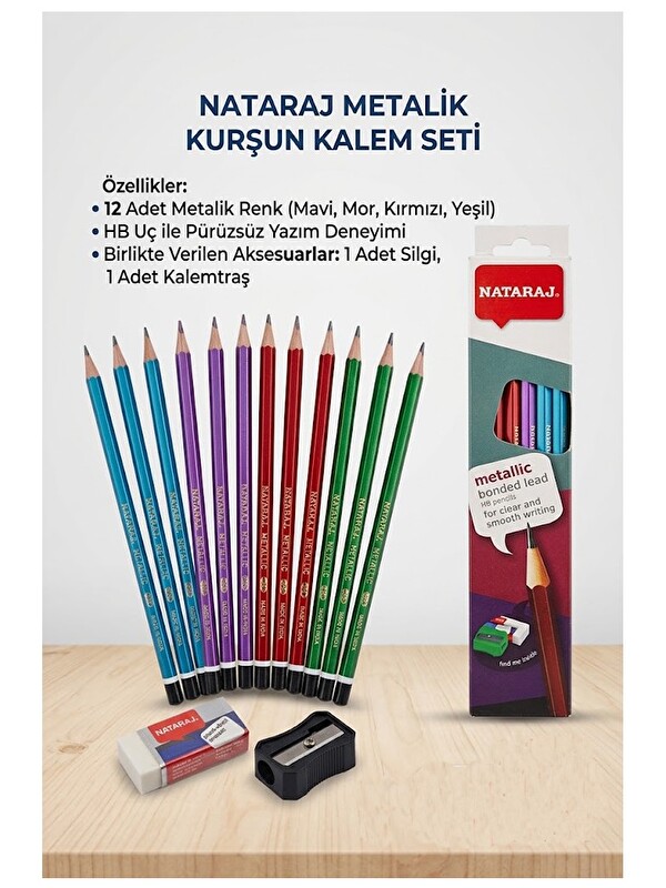 artmaster Kurşun Kalem HB 1 Düzine Kalemtraş Silgi Hediyeli Nataraj Kurşun Kalem Metalik Renk 1 Düzine