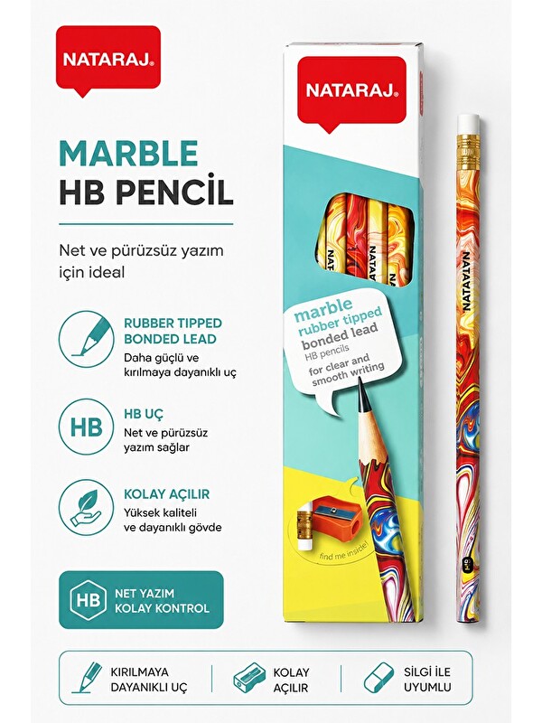 artmaster Kurşun Kalem HB 1 Düzine Kalemtraş Silgi Hediyeli Nataraj Kurşun Kalem Mermer Desen 1 Düzine