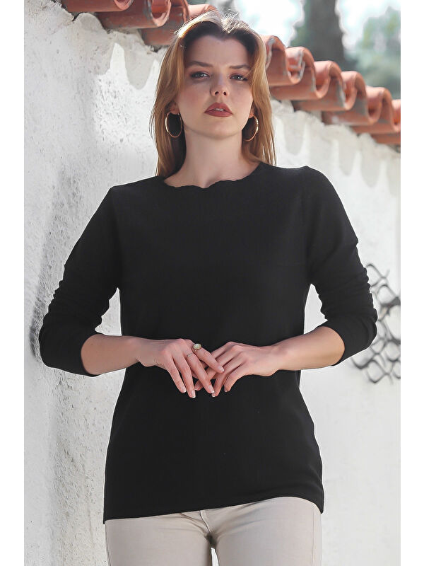 Chiccy Siyah Kayık Yaka Uzun Kol Simli Casual Triko Kazak 65 60