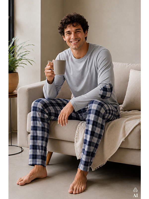 Koza İç Giyim Erkek Pamuklu Uzun Kollu Yamalı Ekose Desenli Pijama Takımı